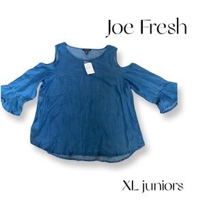 NWT JOE FRESH DENIM TOP size XL JUNIORS denim cold shoulder 3/4 top